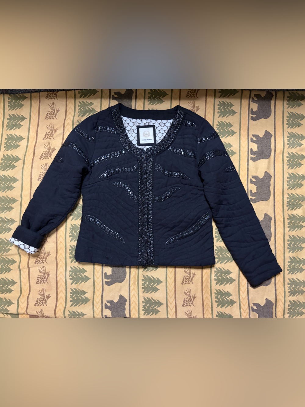 Quilted Bleck Lace-Trim Open Blazer Jacket
